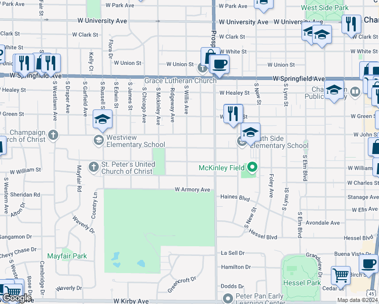 map of restaurants, bars, coffee shops, grocery stores, and more near 923 West Daniel Street in Champaign