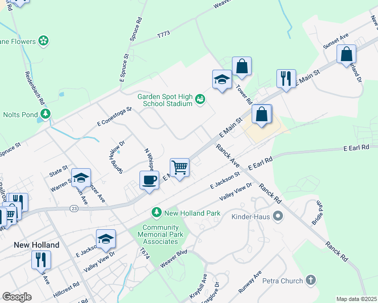 map of restaurants, bars, coffee shops, grocery stores, and more near 80 Willow Ridge in New Holland