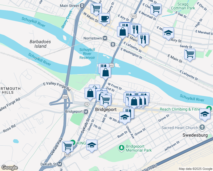 map of restaurants, bars, coffee shops, grocery stores, and more near in Bridgeport