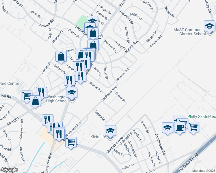 map of restaurants, bars, coffee shops, grocery stores, and more near 1041 Foster Street in Philadelphia