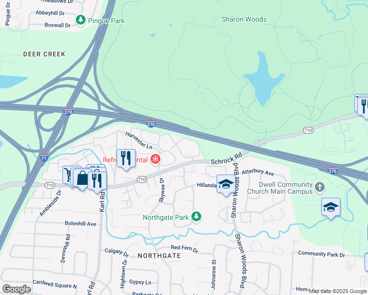 map of restaurants, bars, coffee shops, grocery stores, and more near 1732 Birchcreek Lane in Columbus