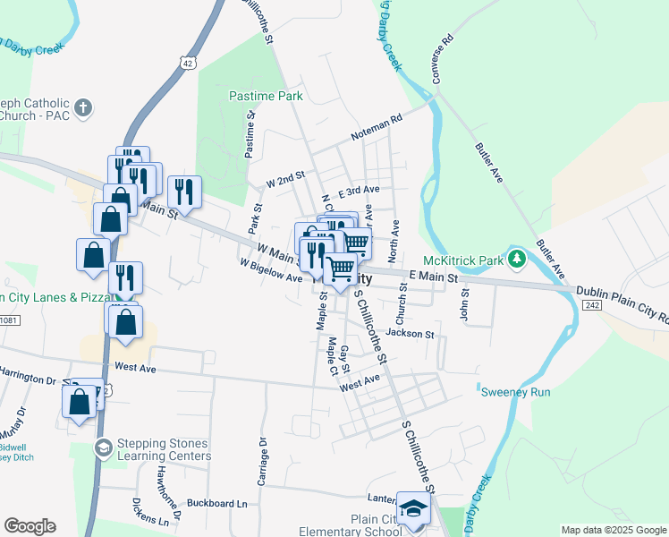 map of restaurants, bars, coffee shops, grocery stores, and more near 204 West Main Street in Plain City