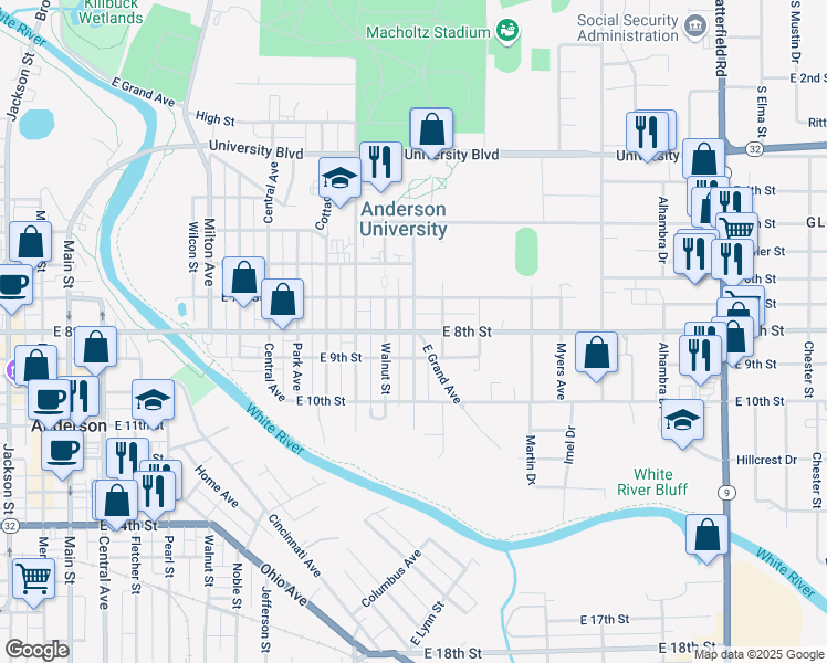 map of restaurants, bars, coffee shops, grocery stores, and more near 725 Chestnut Street in Anderson