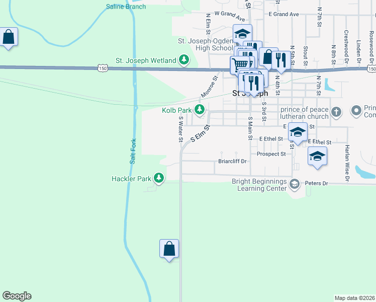 map of restaurants, bars, coffee shops, grocery stores, and more near 402 South Water Street in Saint Joseph