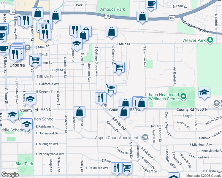 map of restaurants, bars, coffee shops, grocery stores, and more near 604 South Poplar Street in Urbana