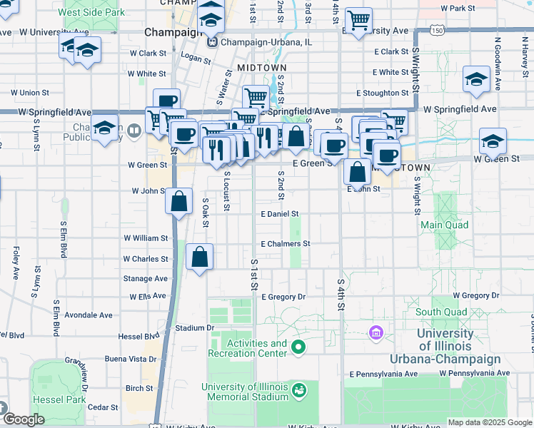 map of restaurants, bars, coffee shops, grocery stores, and more near 805 South 2nd Street in Champaign