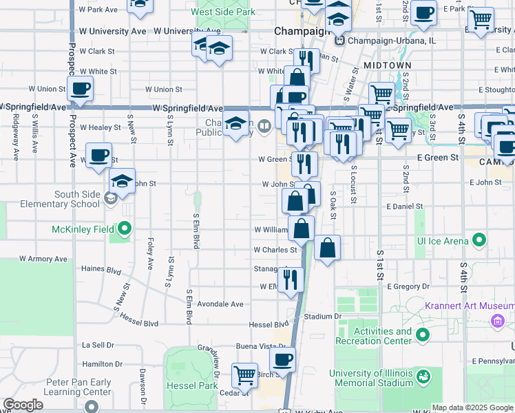 map of restaurants, bars, coffee shops, grocery stores, and more near 706 South State Street in Champaign