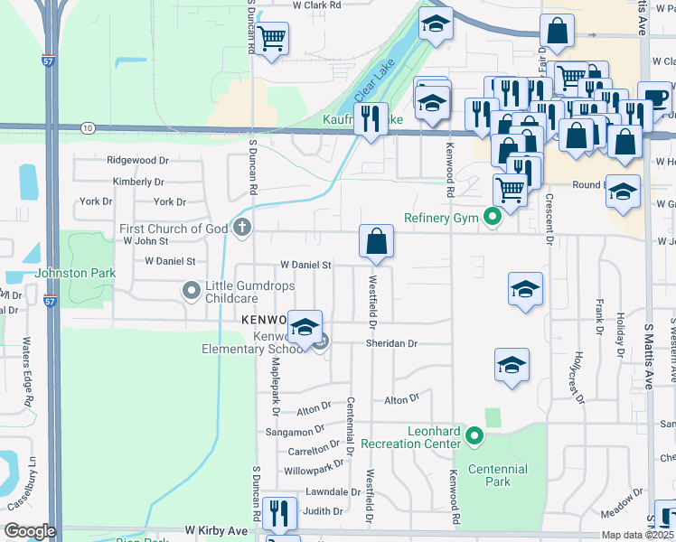 map of restaurants, bars, coffee shops, grocery stores, and more near 708 Stratford Drive in Champaign