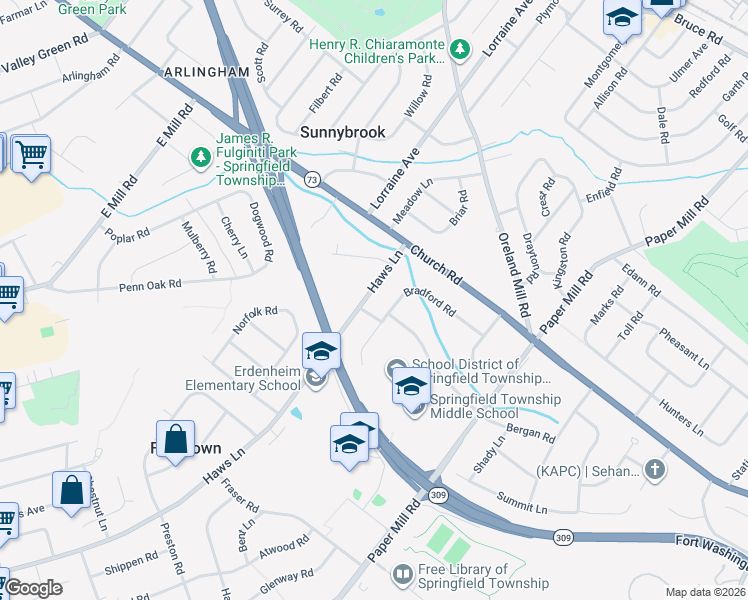 map of restaurants, bars, coffee shops, grocery stores, and more near 609 Haws Lane in Oreland