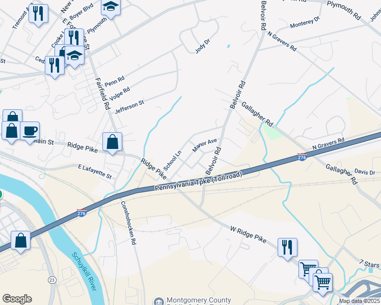 map of restaurants, bars, coffee shops, grocery stores, and more near 365 Manor Avenue in Plymouth Meeting