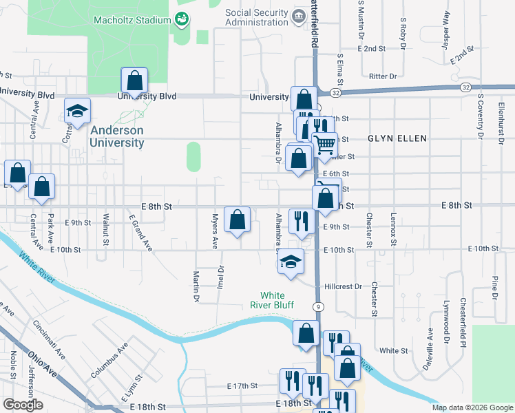map of restaurants, bars, coffee shops, grocery stores, and more near 1855 East 8th Street in Anderson