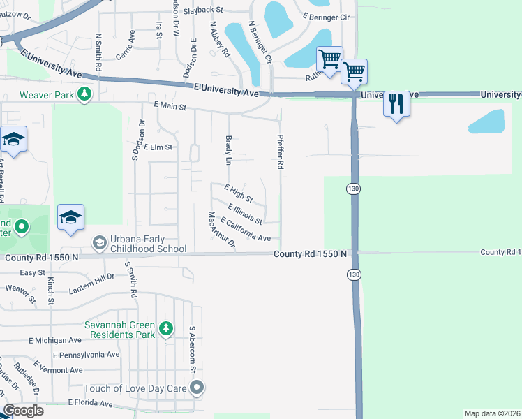 map of restaurants, bars, coffee shops, grocery stores, and more near 407 Sunrise Drive in Urbana