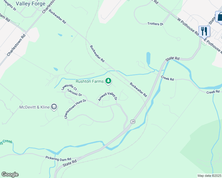 map of restaurants, bars, coffee shops, grocery stores, and more near 123 Jeffords Court in Phoenixville