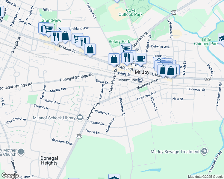 map of restaurants, bars, coffee shops, grocery stores, and more near 135 New Haven Street in Mount Joy