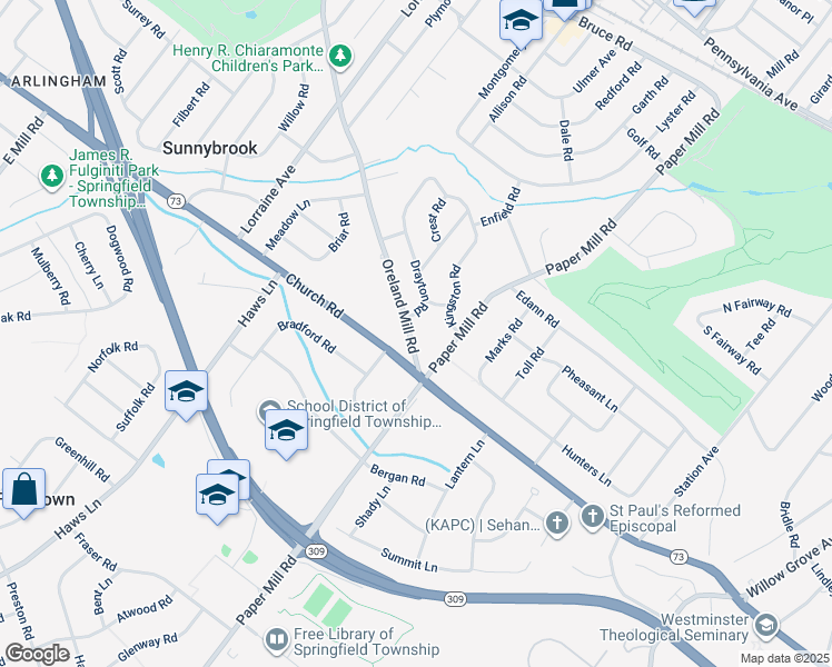 map of restaurants, bars, coffee shops, grocery stores, and more near 604 Oreland Mill Road in Oreland