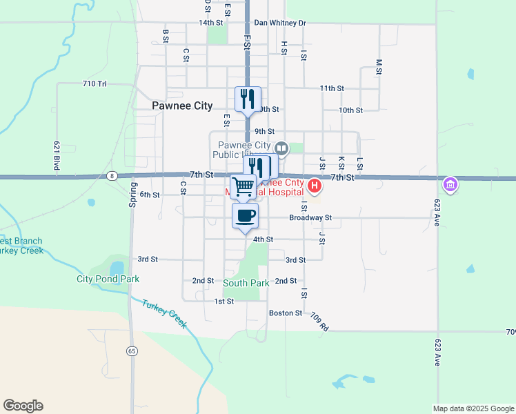 map of restaurants, bars, coffee shops, grocery stores, and more near 625 6th Street in Pawnee City