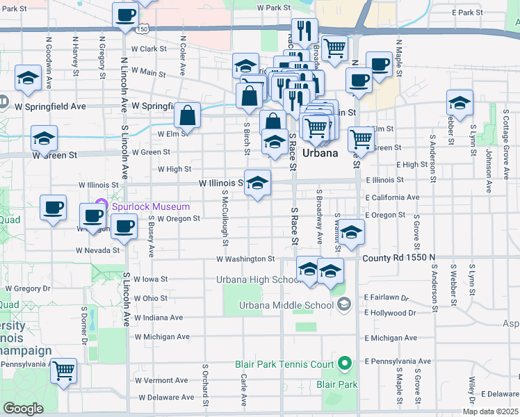 map of restaurants, bars, coffee shops, grocery stores, and more near 312 West Oregon Street in Urbana