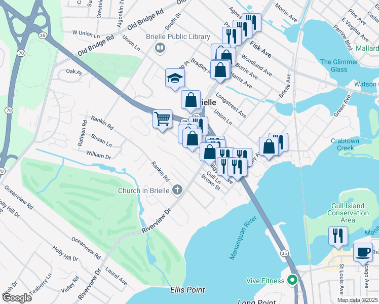 map of restaurants, bars, coffee shops, grocery stores, and more near 613 Higgins Avenue in Brielle