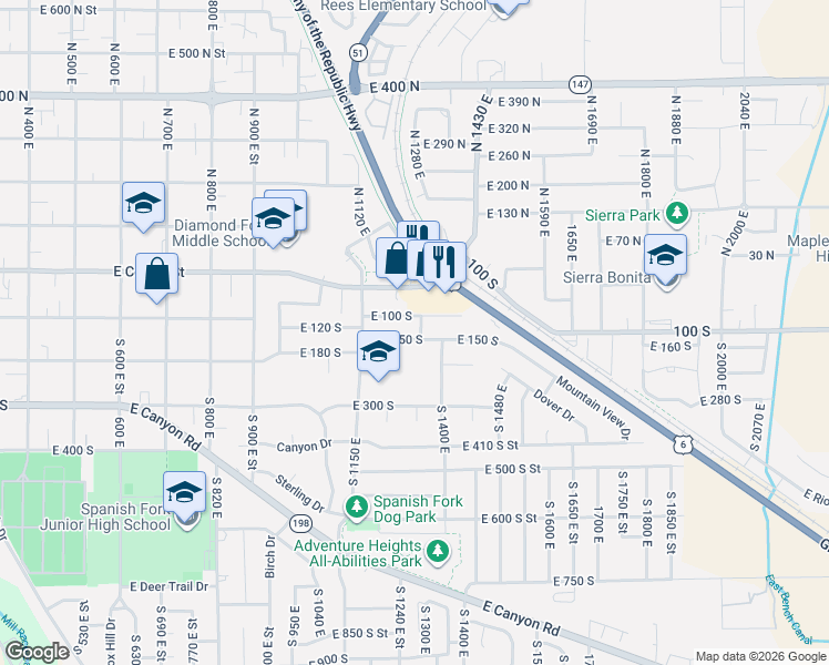 map of restaurants, bars, coffee shops, grocery stores, and more near 1265 East 100 South in Spanish Fork