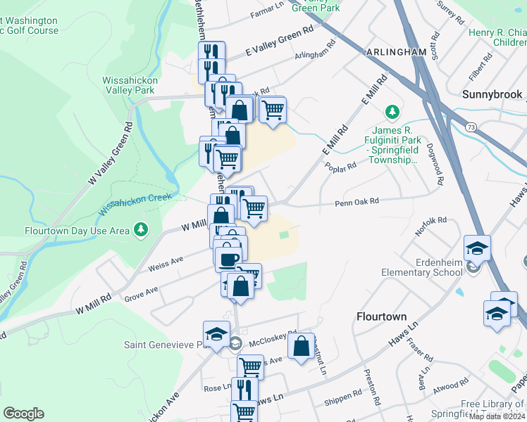 map of restaurants, bars, coffee shops, grocery stores, and more near 18 East Mill Road in Flourtown