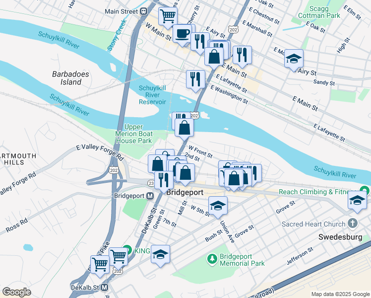 map of restaurants, bars, coffee shops, grocery stores, and more near in Bridgeport
