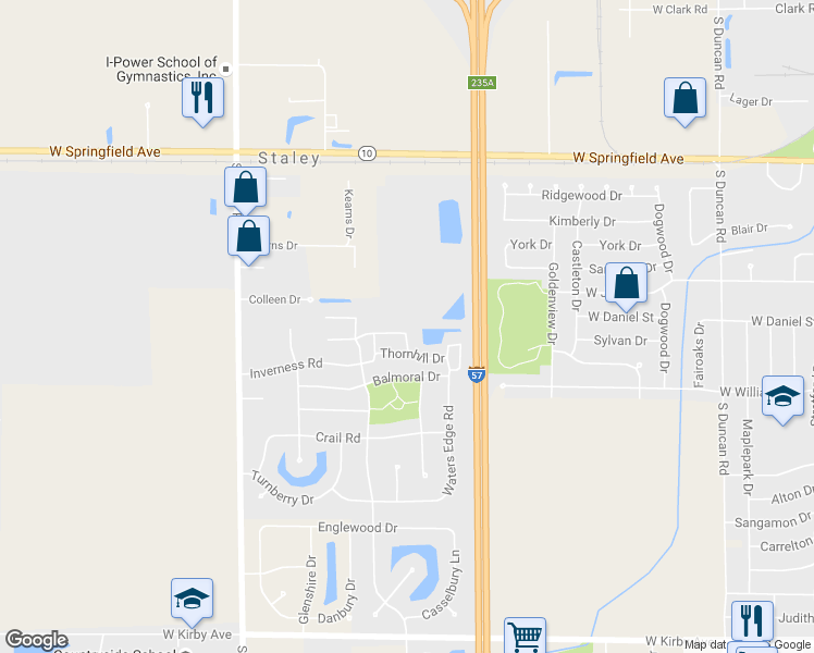map of restaurants, bars, coffee shops, grocery stores, and more near 3752 Thornhill Drive in Champaign