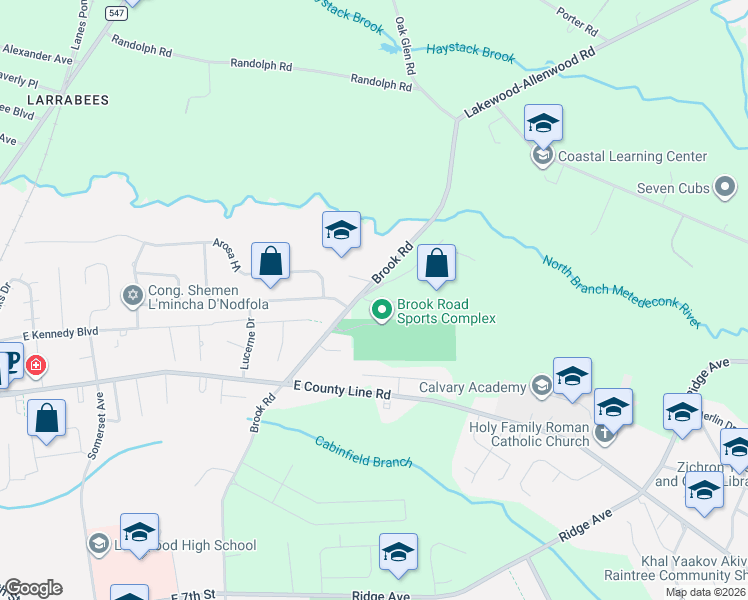 map of restaurants, bars, coffee shops, grocery stores, and more near 4 Riverside Court in Lakewood