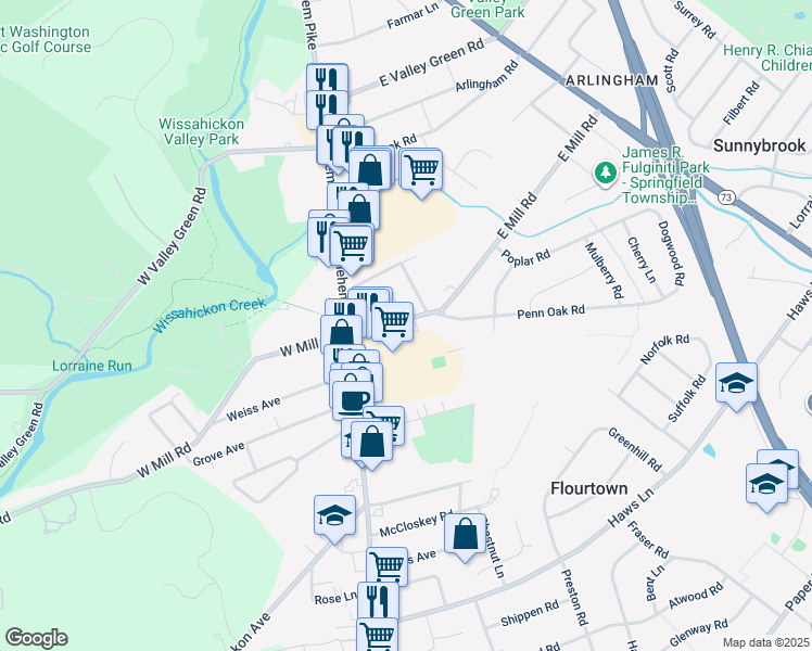map of restaurants, bars, coffee shops, grocery stores, and more near 18 East Mill Road in Flourtown