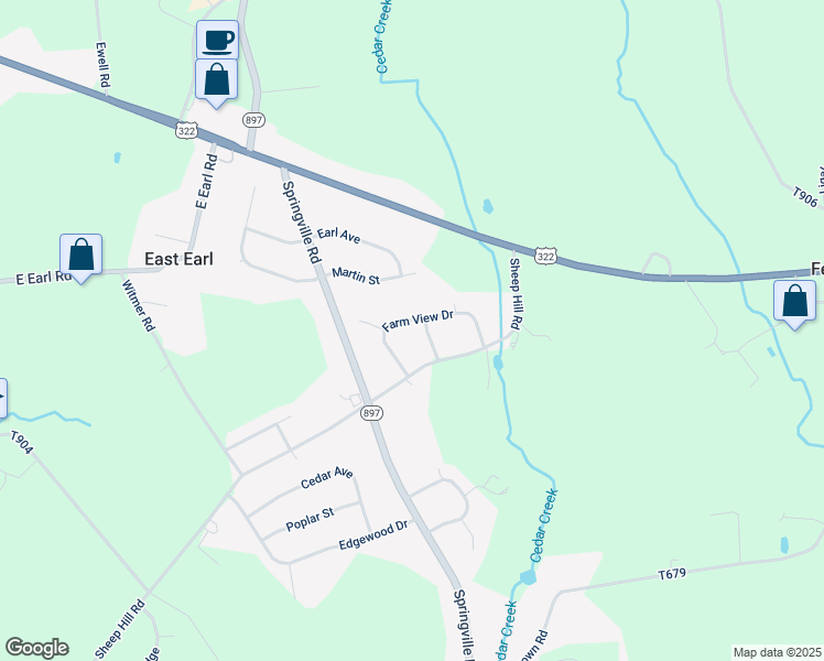 map of restaurants, bars, coffee shops, grocery stores, and more near 338 Farm View Drive in East Earl