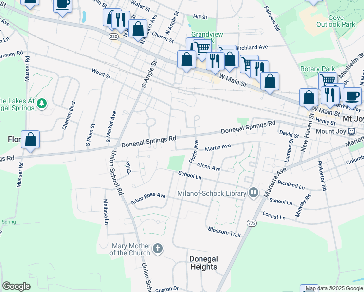 map of restaurants, bars, coffee shops, grocery stores, and more near 537 Martin Avenue in Mount Joy