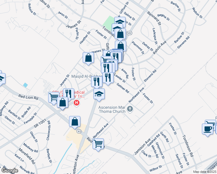 map of restaurants, bars, coffee shops, grocery stores, and more near 10201 Bustleton Avenue in Philadelphia