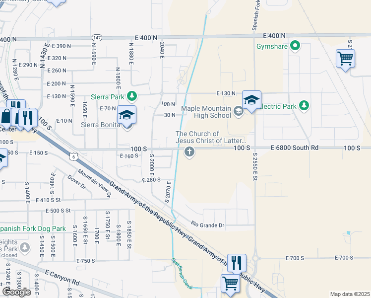 map of restaurants, bars, coffee shops, grocery stores, and more near 2167 East 6800 South in Spanish Fork
