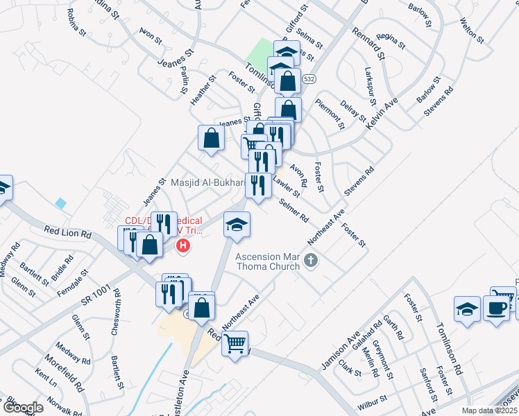 map of restaurants, bars, coffee shops, grocery stores, and more near 10201 Bustleton Avenue in Philadelphia