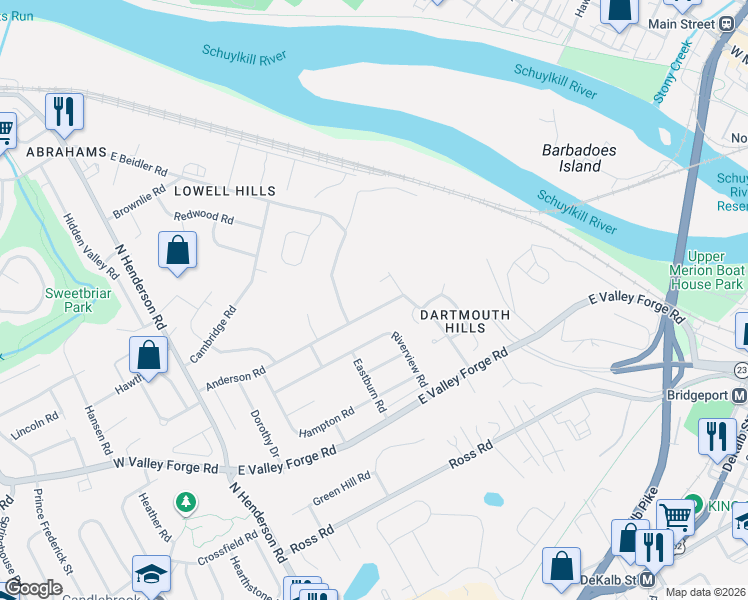 map of restaurants, bars, coffee shops, grocery stores, and more near 324 Anderson Road in King of Prussia