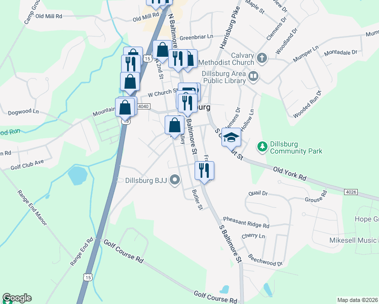 map of restaurants, bars, coffee shops, grocery stores, and more near 140 South Baltimore Street in Dillsburg