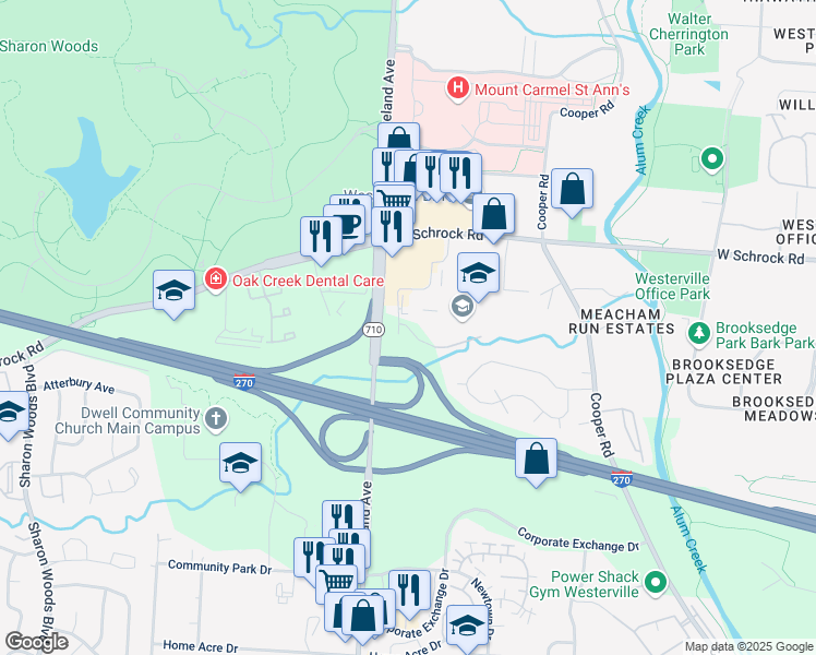 map of restaurants, bars, coffee shops, grocery stores, and more near 6579-6801 Lauffer Road in Columbus