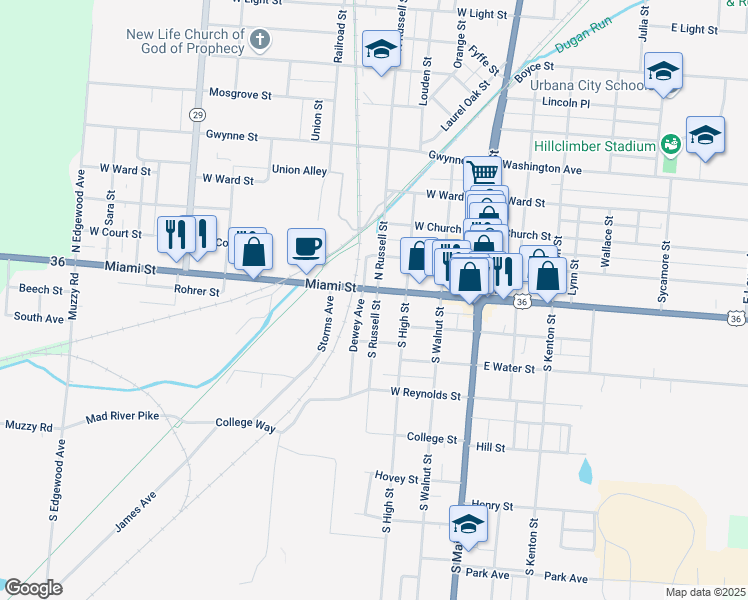 map of restaurants, bars, coffee shops, grocery stores, and more near 400 Miami Street in Urbana
