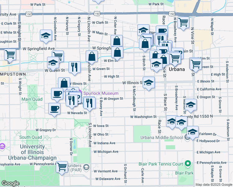 map of restaurants, bars, coffee shops, grocery stores, and more near 606 West California Avenue in Urbana