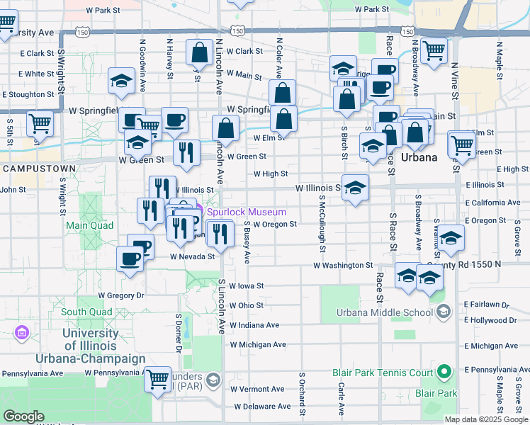 map of restaurants, bars, coffee shops, grocery stores, and more near 704 West California Avenue in Urbana