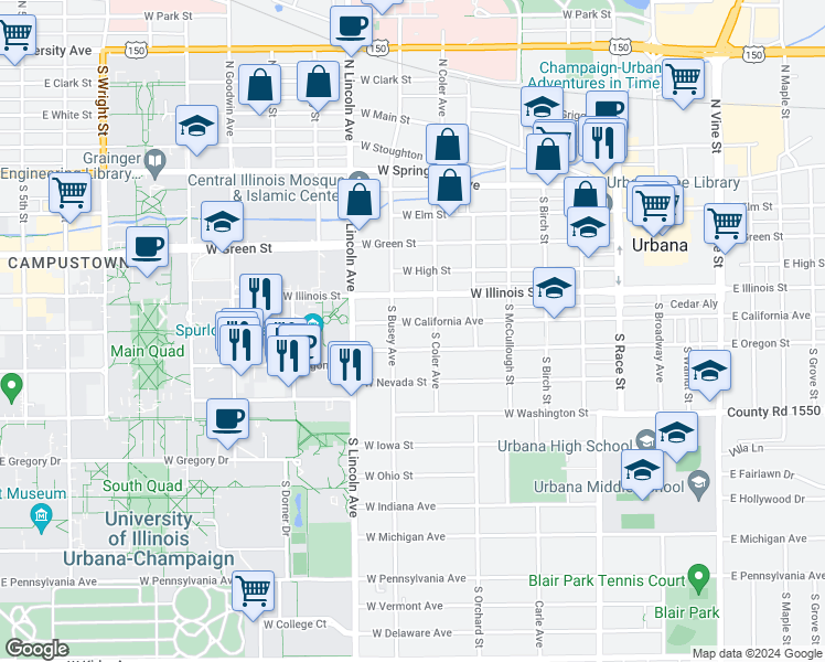 map of restaurants, bars, coffee shops, grocery stores, and more near 704 West California Avenue in Urbana