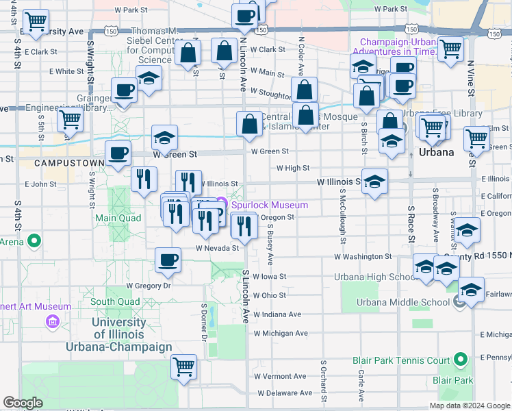 map of restaurants, bars, coffee shops, grocery stores, and more near 505 South Busey Avenue in Urbana