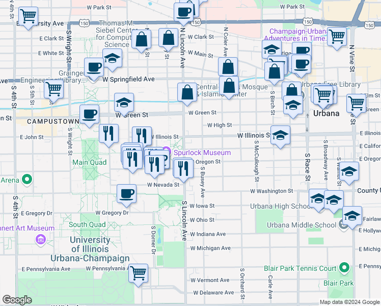 map of restaurants, bars, coffee shops, grocery stores, and more near 505 South Busey Avenue in Urbana