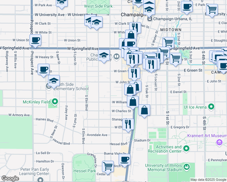 map of restaurants, bars, coffee shops, grocery stores, and more near 706 South State Street in Champaign