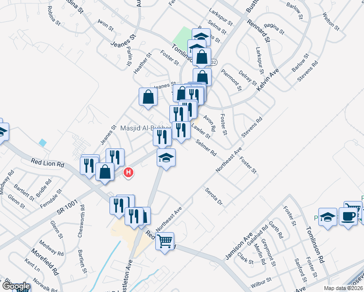 map of restaurants, bars, coffee shops, grocery stores, and more near 10201 Bustleton Avenue in Philadelphia
