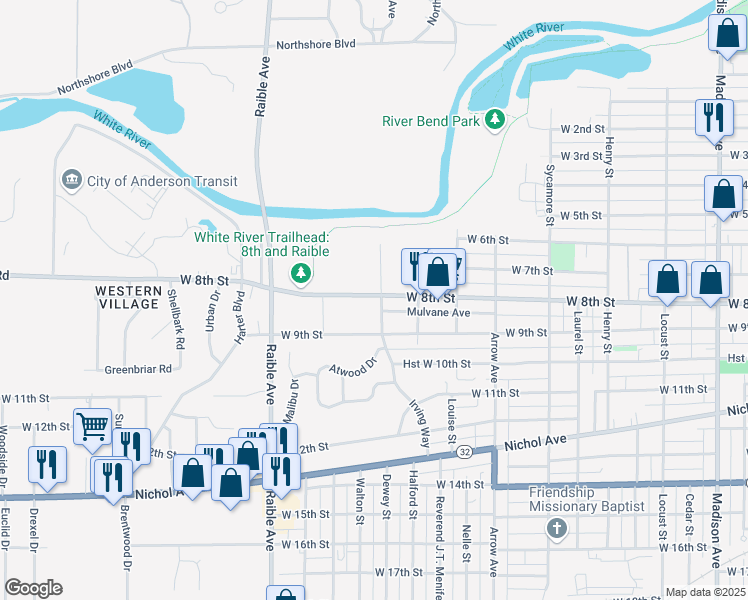 map of restaurants, bars, coffee shops, grocery stores, and more near 2114 West 8th Street in Anderson