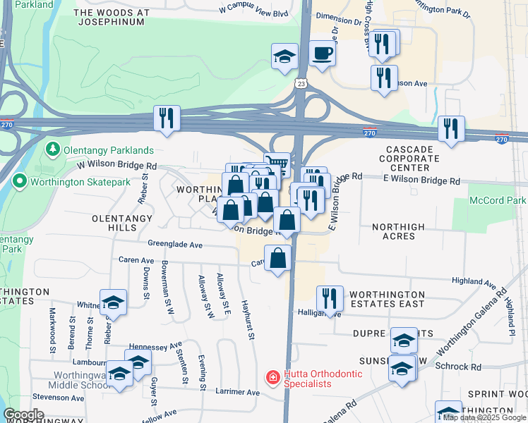 map of restaurants, bars, coffee shops, grocery stores, and more near 7227 North High Street in Worthington