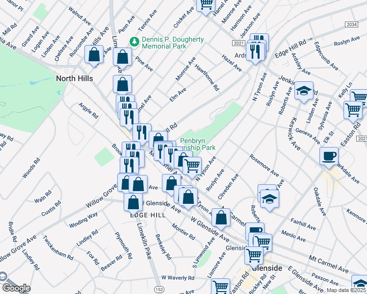 map of restaurants, bars, coffee shops, grocery stores, and more near 2610 Dumont Avenue in Glenside