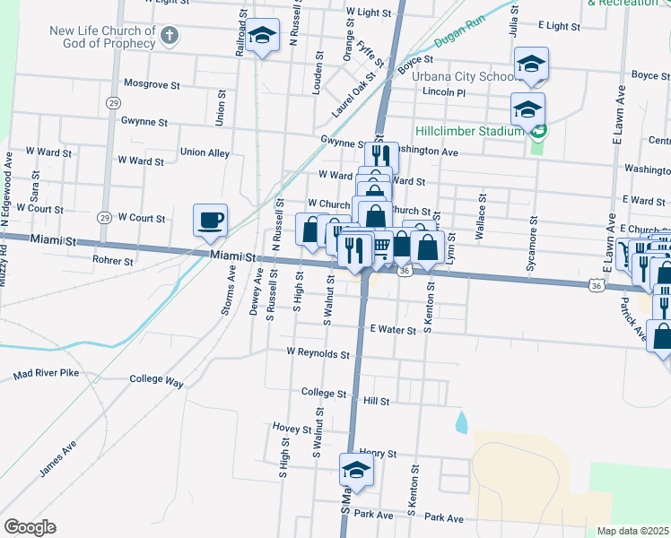 map of restaurants, bars, coffee shops, grocery stores, and more near 127 Miami Street in Urbana