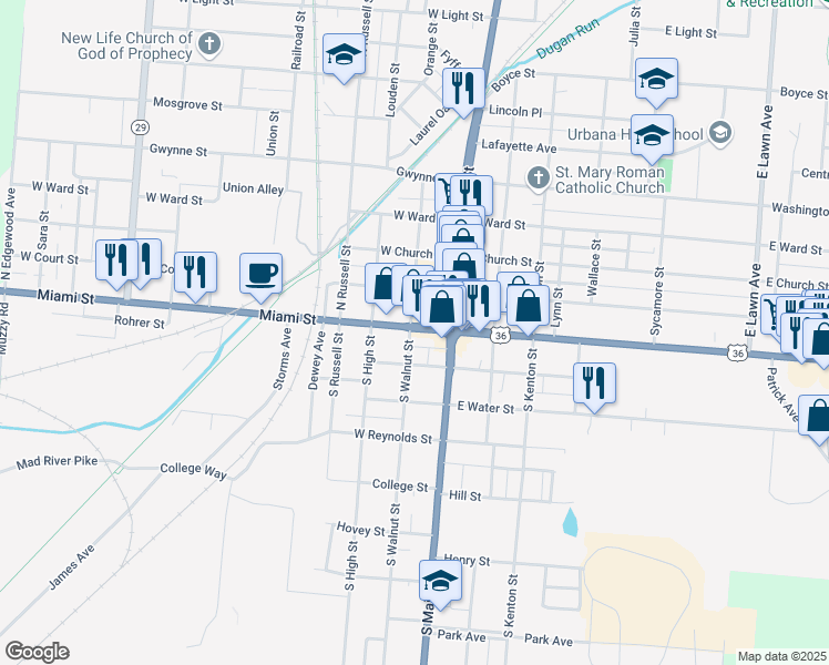 map of restaurants, bars, coffee shops, grocery stores, and more near 127 Miami Street in Urbana
