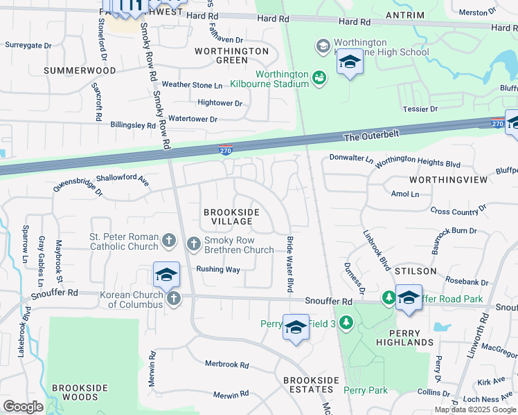 map of restaurants, bars, coffee shops, grocery stores, and more near 7365 Downey Drive in Columbus